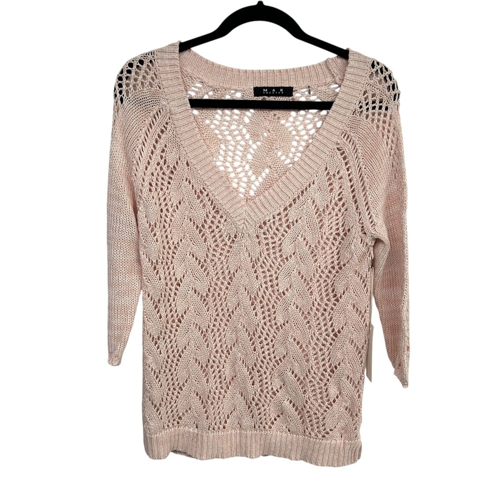 Cotton Open Knit Pointelle Sweater Womens M‎ Pink V Neck Cottagecore Coastal